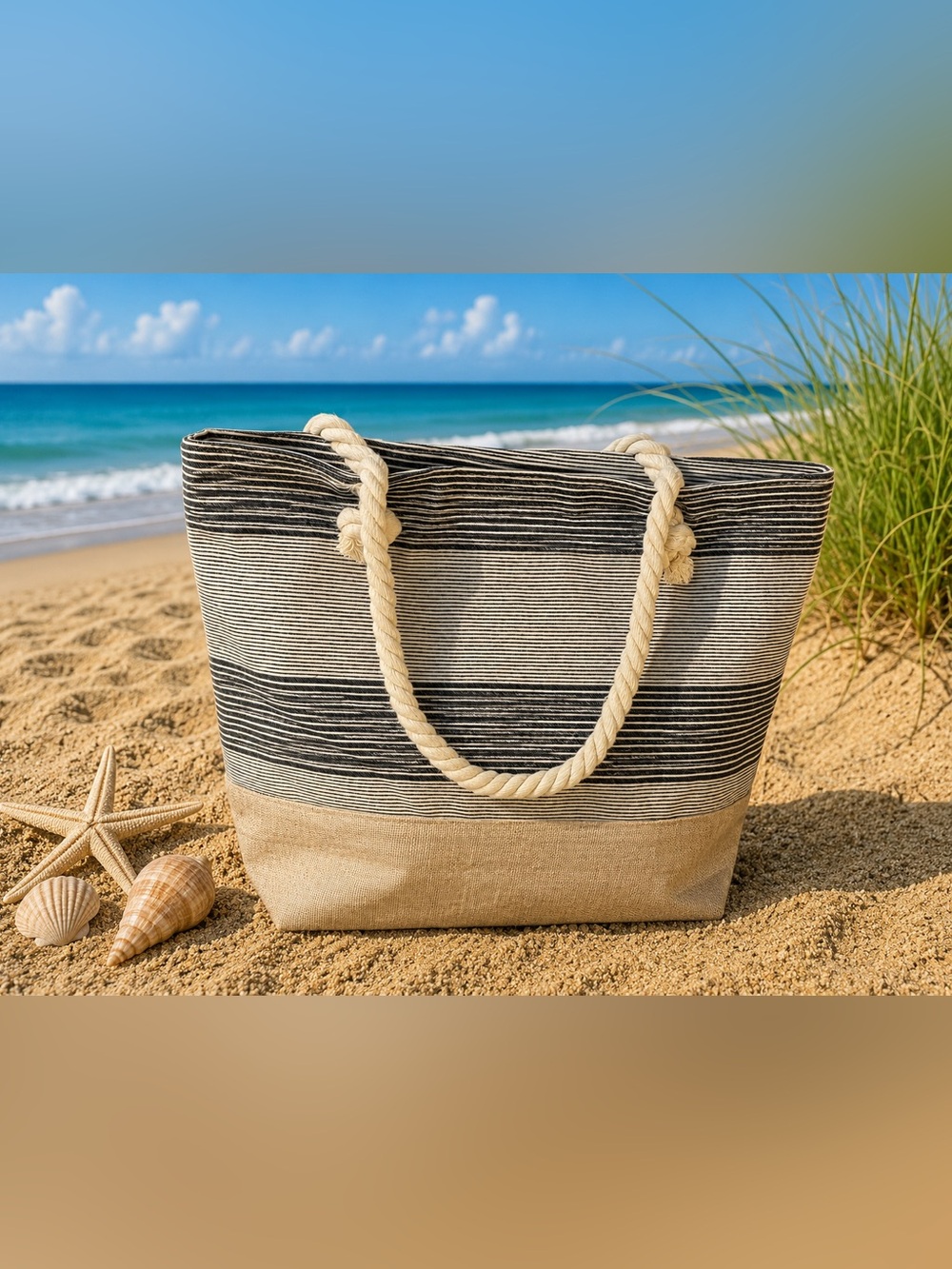 Striped Canvas Beach Tote with Rope Handles - Black and Natural